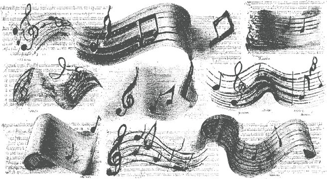 Assortment of vintage musical notation scrolls and individual notes depicted in a detailed, textured style on a speckled background, evoking a sense of historical musical artistry