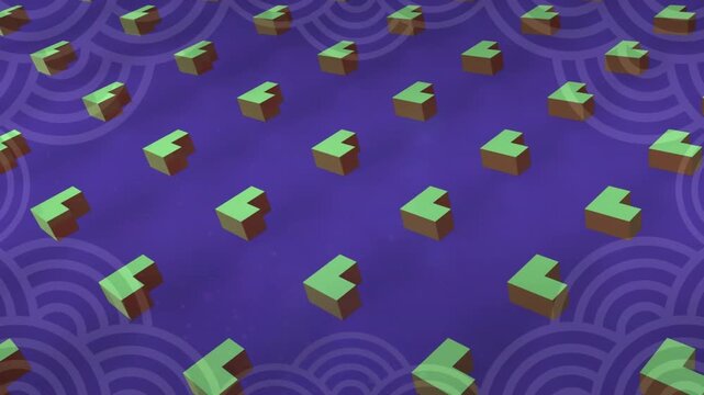 Animation of rows of shapes over purple pattern