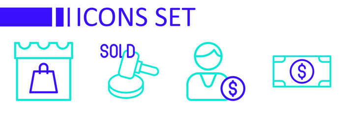 Set line Stacks paper money cash, Buyer, Auction hammer and Shopping day icon. Vector