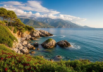Scenic view of a rocky coastline with lush green vegetation and distant mountains under a blue sky