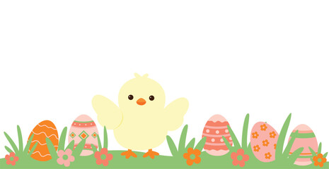 Cute Easter chick with decorated eggs illustration Cute baby chick and Easter eggs illustration Easter chick standing in grass with painted eggs