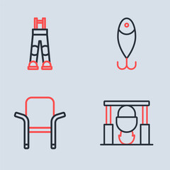 Fototapeta premium Set line Fishing lure, Camping folding chair, Campfire and pot and Fisherman pants icon. Vector
