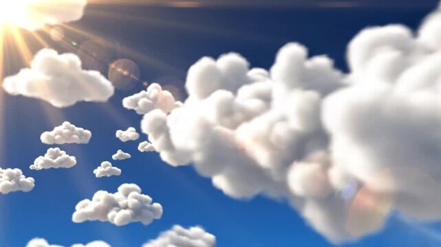 3D illustration of a summer sky white clouds floating against blue background for nature-themed intros or weather broadcast.