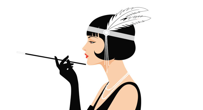 Elegant Art Deco style illustration of a 1920s flapper girl with a bob haircut, feathered headband, and a long cigarette holder.