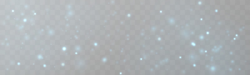 Fototapeta premium Blue festive dust sparkles with shimmer, glitter, glowing particles across bokeh blur. Sparks, twinkle, stardust, highlights, flare create magical Christmas and New Year light. PNG vector illustration