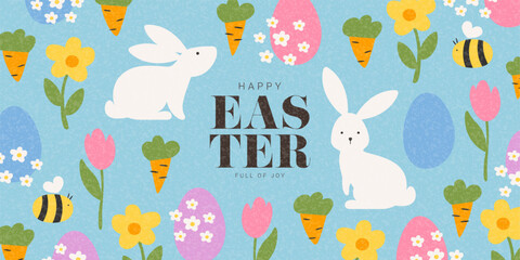 Trendy Happy Easter background. Happy Easter vector background with bunnies, eggs, spring flowers, cute bee. Holiday card for design of party, celebration, ads, branding, cover, card, sale, event.