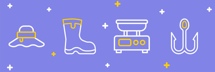 Set line Fishing hook, Electronic scales, boots and Fisherman hat icon. Vector