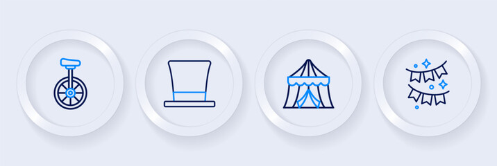 Set line Carnival garland with flags, Circus tent, Cylinder hat and Unicycle icon. Vector © Iryna