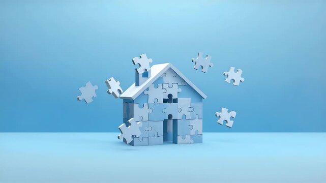 White house model made of puzzle pieces with scattered parts floating on clean blue studio background
