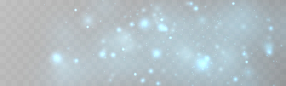 Blue glitter dust glows with shimmer and sparkle over soft bokeh. Sparks, twinkling particles, radiant highlights, and flare form magical holiday light. Christmas png vector illustration.