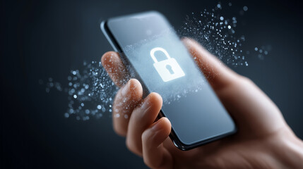 In a modern setting, a hand grips a sleek smartphone, showing a vibrant holographic login screen. A glowing padlock hovers, symbolizing security in the digital world