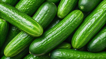 Fresh cucumbers arranged closely together on a surface in a market setting during the day
