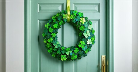 Green door features vibrant clover wreath. Festive decoration suggests luck, springtime, welcoming home ambiance. Simple, clean aesthetic.