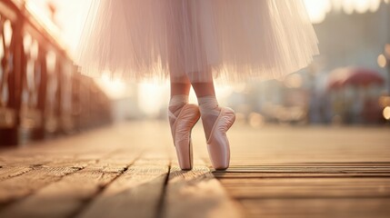 The ballerina's pointe shoes on a sunlit wooden boardwalk with flowing tulle skirt