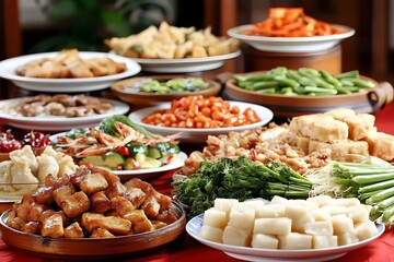 Chinese New Year festival table with traditional Lunar New Year foods over a red background.