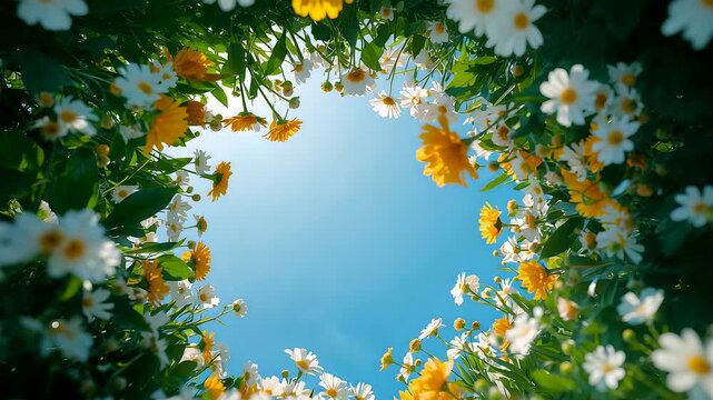 View from ground looking up at blooming daisies forming circular frame around blue sky