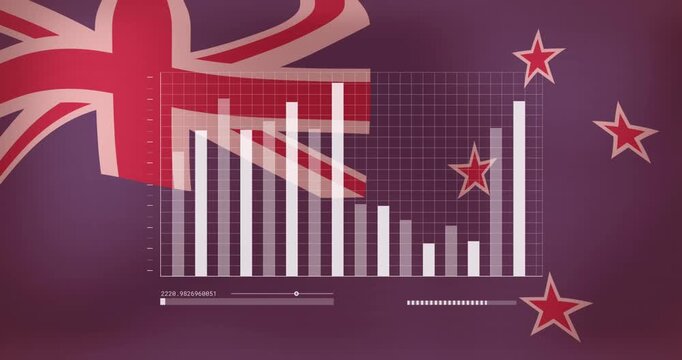 Animation of statistical data processing against waving new zealand flag background