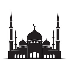 Black and white mosque with domes and minarets silhouette vector