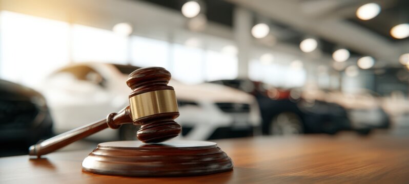 The Gavel and Blurred Cars at an Auction Symbolizing Auto Sale and Legal Authority