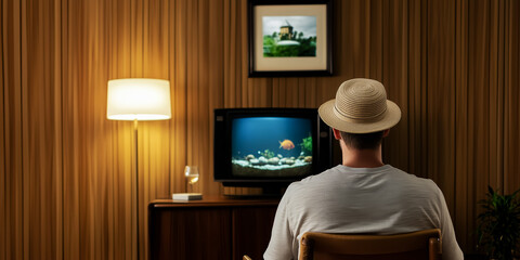vintage poster depicting a man in a straw hat watching a retro television, featuring a brightly colored aquarium with goldfish and plants, a concept reminiscent of a seaside vacation