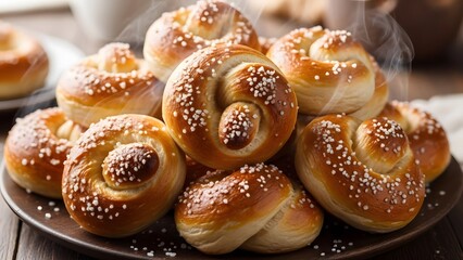 Freshly baked soft pretzels and knotted bread rolls topped with sea salt, steaming hot buns on a rustic plate for bakery shop