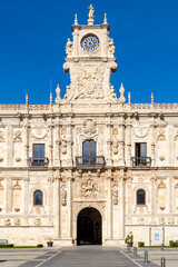 Leon, Spain - November 02, 2024: The building and surroundings of the medieval San Marcos building, now converted into a museum and hotel, are located in the city of Leon, Spain.
