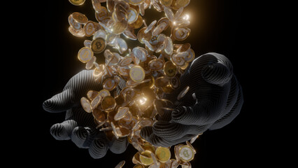 Digital wealth accumulation: Futuristic carbon cyborg hand catching falling golden Bitcoins - Cryptocurrency mining reward concept on transparent background created by 3D modeling ACES 2.0.