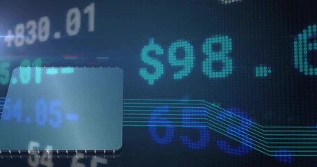 Animation of multicolored trading board over electronic equipment and lines over abstract background - Powered by Adobe