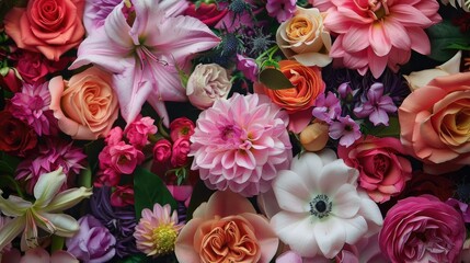 Floral background with beautiful chrysanthemums, roses, wildflowers. Wedding decoration, texture for the holiday.