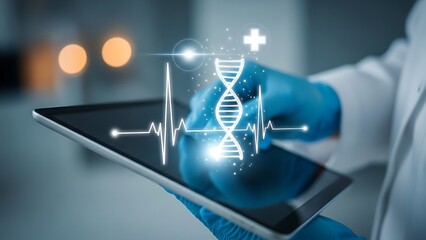 Doctor using tablet with DNA helix and heartbeat graphic genetic science