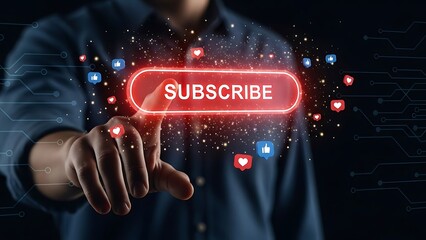 Finger pressing a glowing red subscribe button with social media icons likes hearts