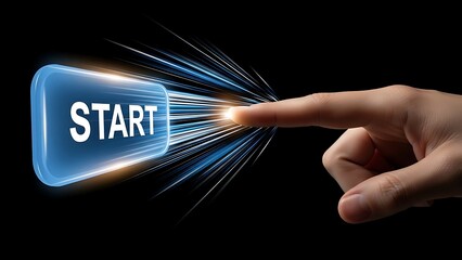 Finger Pressing Glowing Blue Start Button with Light Streaks