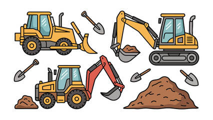 Construction Equipment Set:  A colorful illustration showcasing various construction vehicles like excavators, a dozer, and shovels, symbolizing the tools of building and groundwork. © Ajm