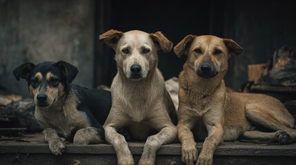 A trio of dogs, each a unique shade, resting together in a dim, urban setting. Their loyal gaze and calm demeanor make for a peaceful yet captivating street-side scene.