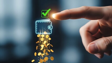 Hand activating digital wallet with coins falling out finger touching