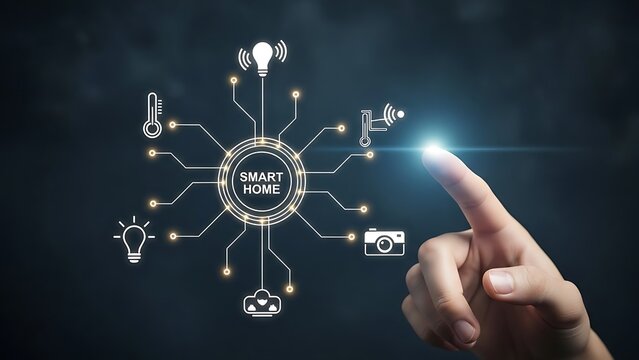 Finger touching smart home interface with connected devices technology - Powered by Adobe