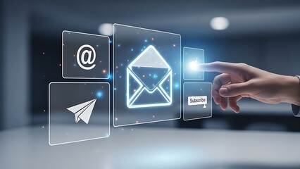 Hand interacting with glowing digital interface of email and communication icons envelope