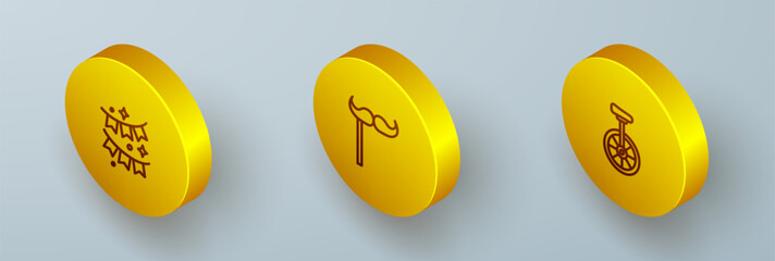 Set Isometric line Carnival garland with flags, Paper mustache on stick and Unicycle icon. Vector © Iryna