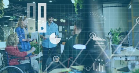 Animation of data processing and diagrams over diverse colleagues discussing work - Powered by Adobe