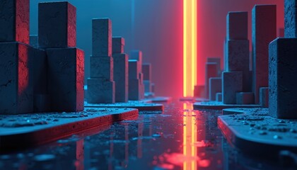 Abstract futuristic city blocks glow with red, blue neon light. Bright vertical orange beam reflects on wet floor surface. Modern digital tech background shows sleek geometric shapes in dark