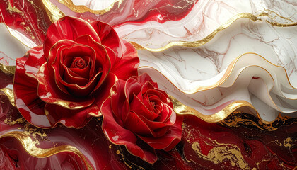 rose, red, white, gold, marble, flower, background, 3d, backdrop, decorative, design, luxury, marble floor, texture, artistic, beauty, artist, decoration, curve, curvy, drapery, frill, elegant, flowin