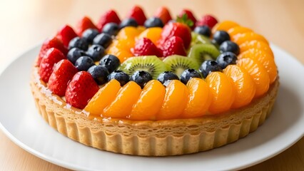 Vibrant fruit tart filled with custard and topped with rows of fresh strawberries, blueberries, kiwi, and mandarin oranges