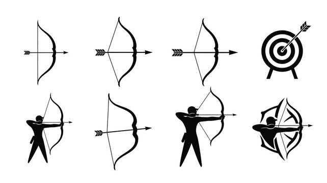 Archery equipment and target practice depicted in black and white silhouette