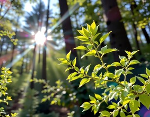 Vibrant Green Tree with Sunlit Leaves Serene Forest Scene