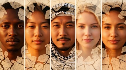 Close-up portraits of diverse individuals overlaid with cracked earth texture.
