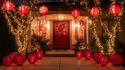 Glowing string lights and red lanterns decorating a house entrance for Lunar New Year celebration at night.