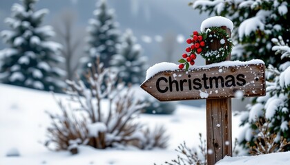 Festive Winter Signpost with Snowy Forest Background