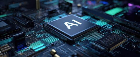 The AI chip on a glowing futuristic circuit board representing advanced computing and neural networks