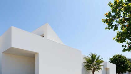 Modern White Building with Angular Roof and Blue Sky