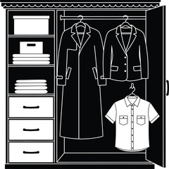 Open Wardrobe Closet with Clothes Storage Vector Illustration